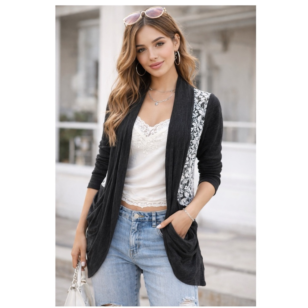 WET SEAL Vintage Y2K Open-Front Cardigan Sheer White Floral Lace Back‎ Sz S